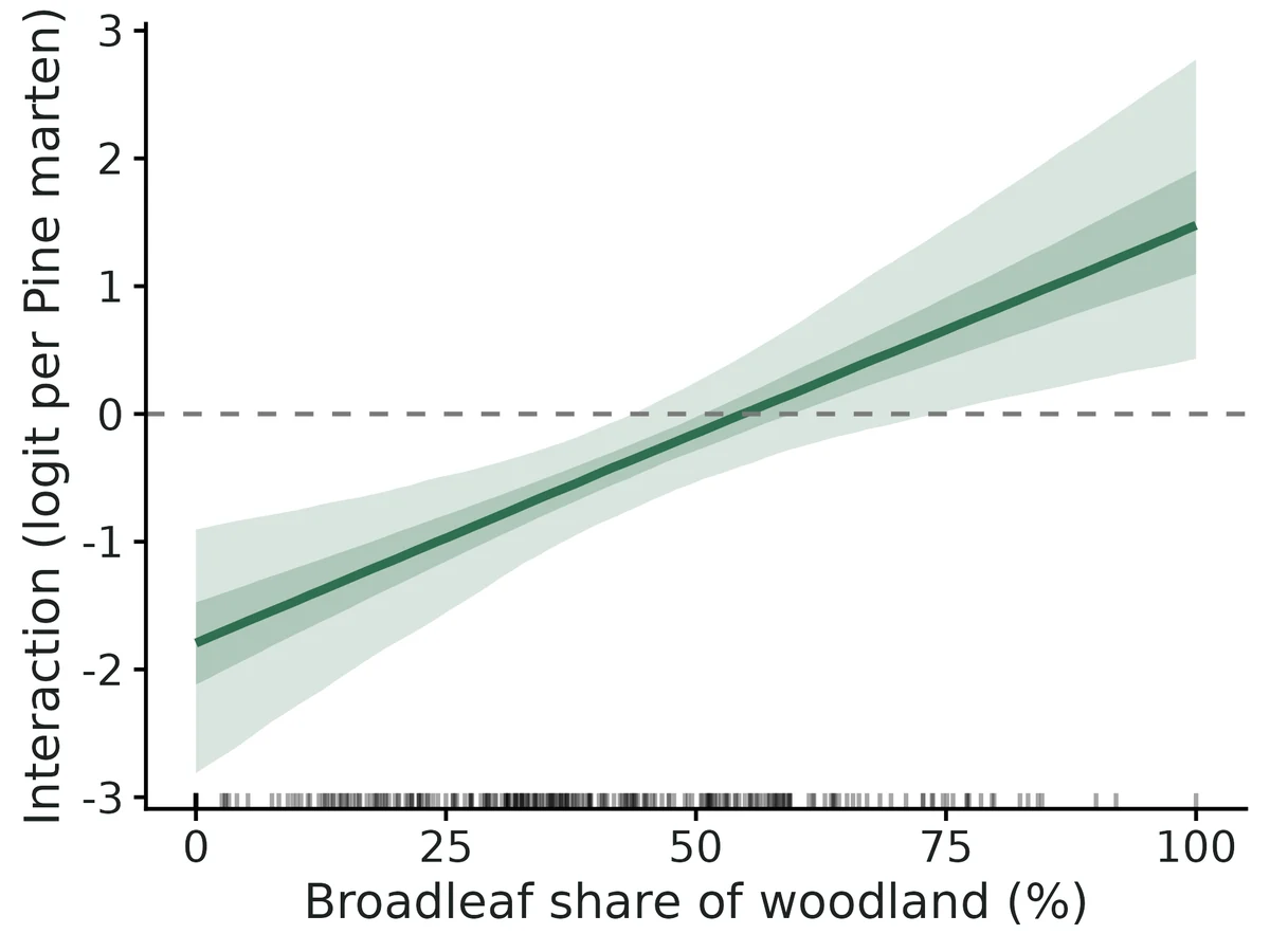 Figure: Strength of the abundance-mediated interaction across Broadleaf share (%) (logit scale; below the dashed line = fewer Red squirrel where there are more Pine marten).