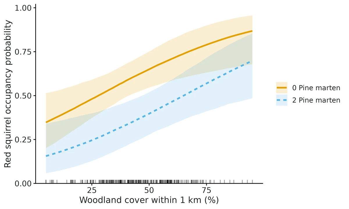 Figure: Red squirrel occupancy against Woodland cover within 1 km (%) at sites with no Pine marten and with 2 (90th percentile of estimated site abundance); 95% credible bands; other covariates at their means.