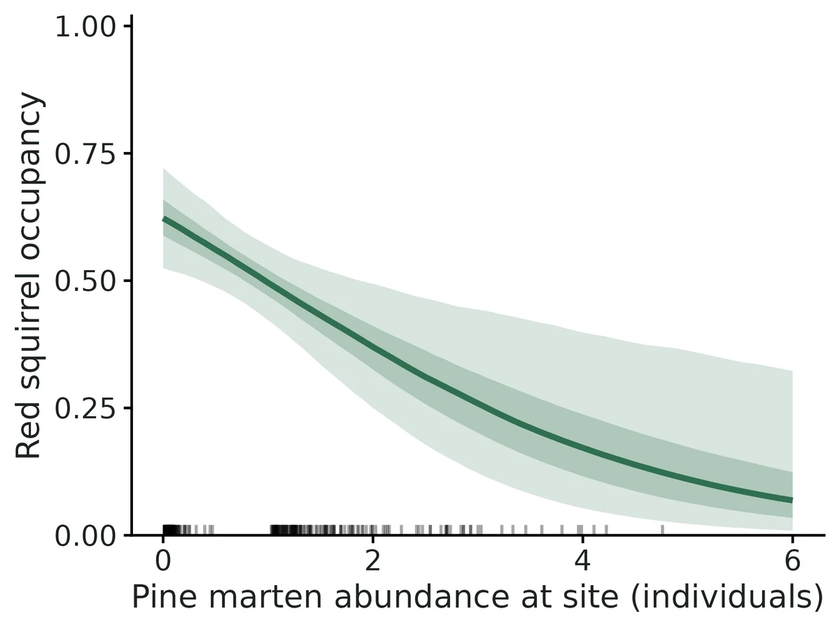 Figure: Predicted probability that Red squirrel occupies a site against the number of Pine marten individuals using it (posterior median, 95% and 50% credible bands…