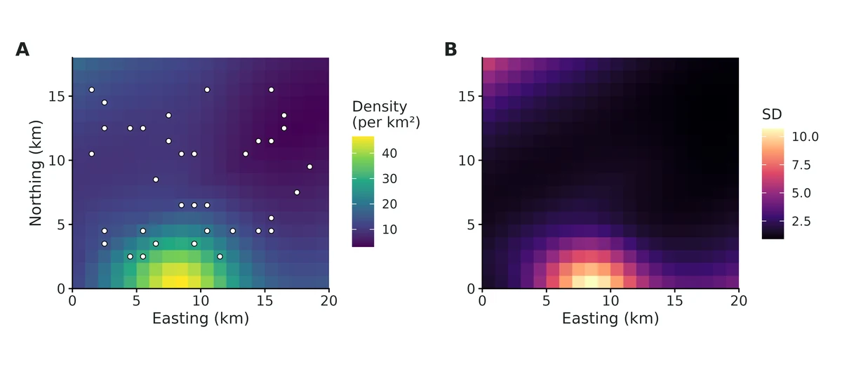 Figure: A: predicted deer density per km2 over the 1 km2 grid from the hierarchical model; white dots are the 36 transects.