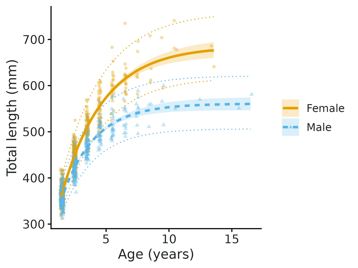 Figure: Length at age with the fitted von Bertalanffy curve per group (line: median length at age, drawn over each group's observed ages), 95% confidence band for the curve (shaded) and 95% prediction interval for individual fish (dotted).
