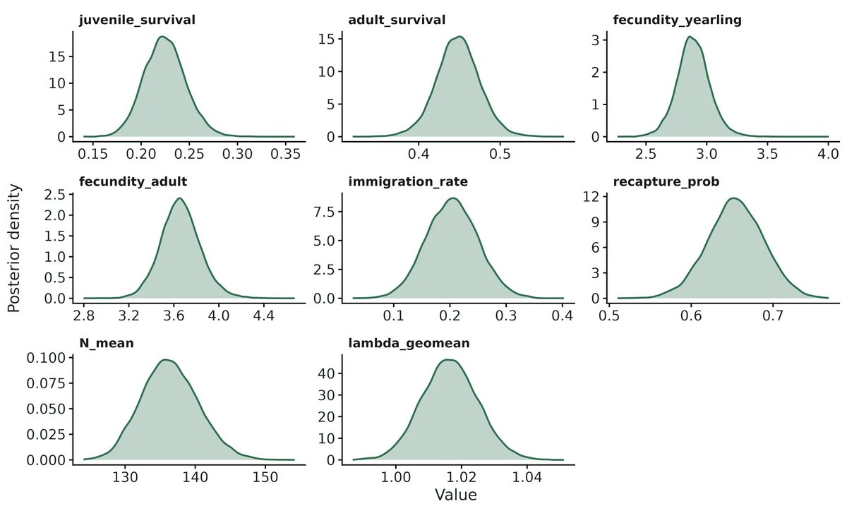 Figure: Posterior densities of the main estimands.