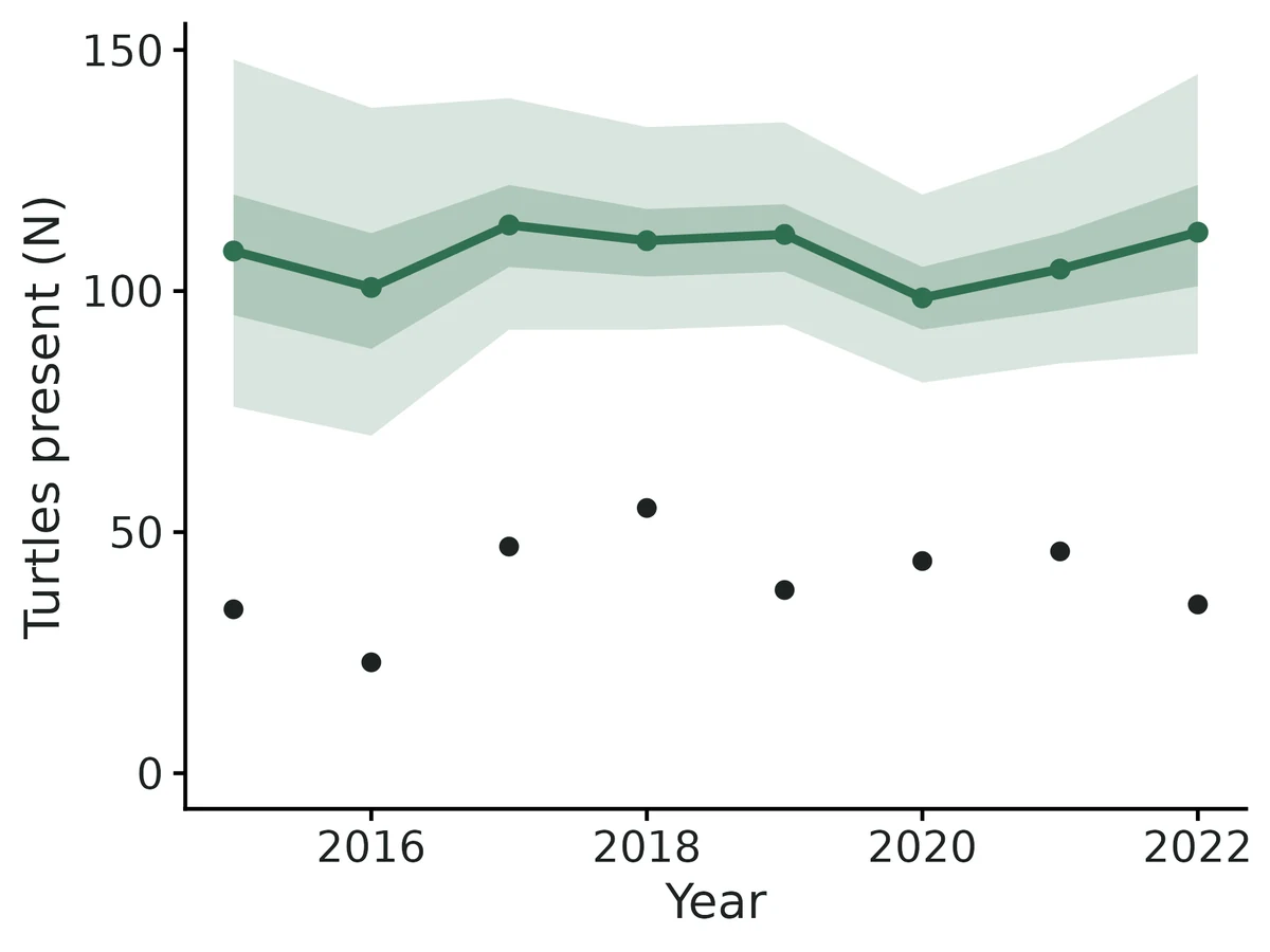 Figure: Estimated abundance at each occasion (line and points: posterior mean; band: 95% credible interval (inner band 50%)).