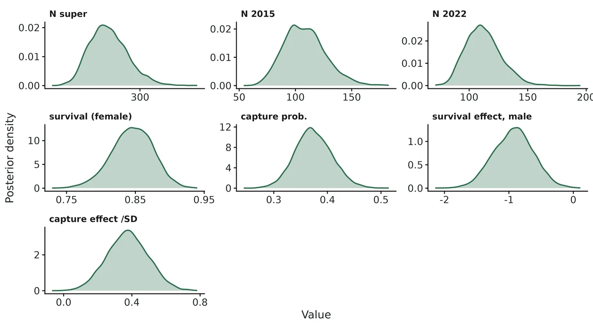 Figure: Posterior densities of key quantities (N = abundance; survival per time unit; effects on the logit scale).