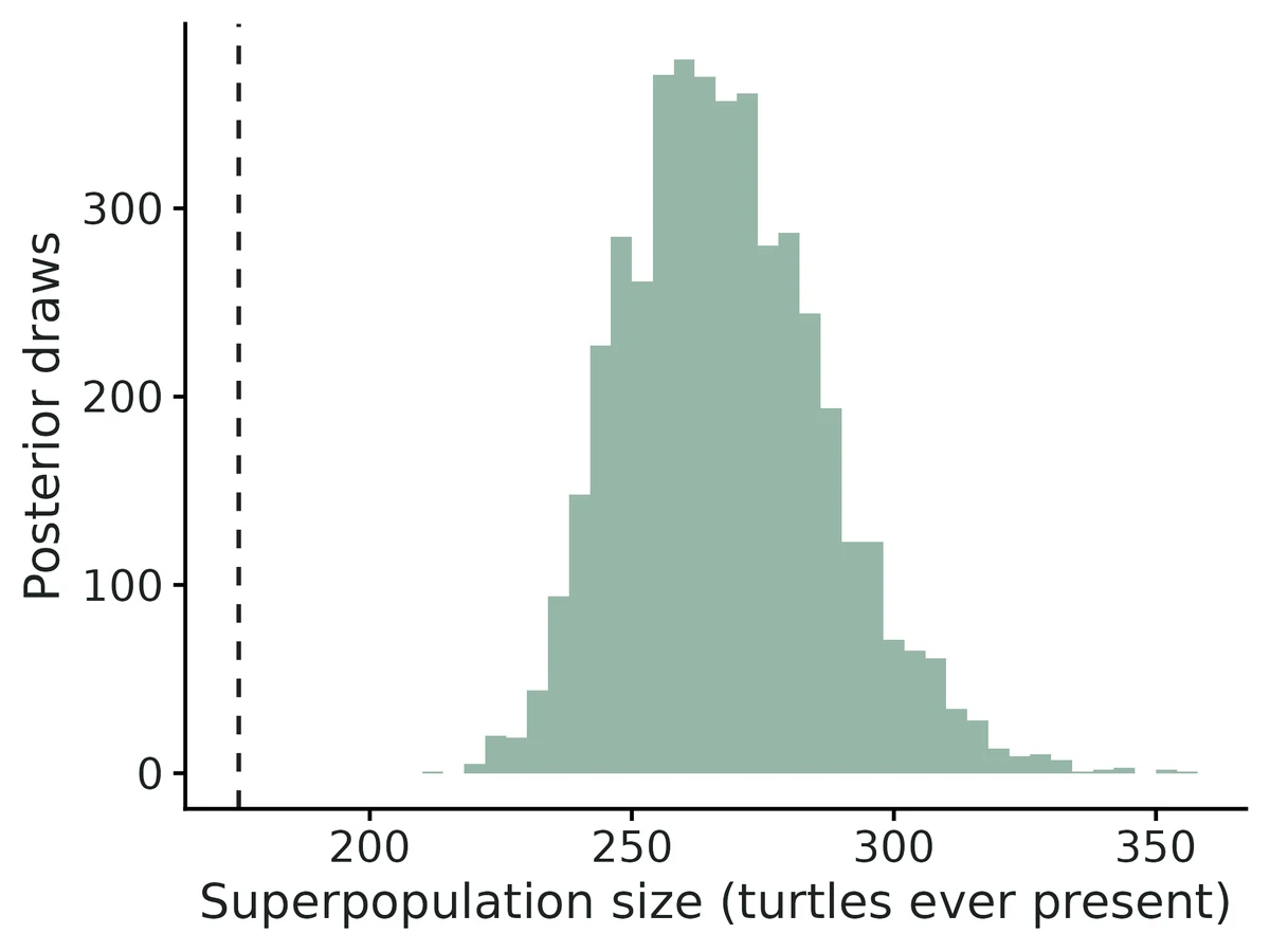 Figure: Posterior distribution of the superpopulation size; dashed line = number of animals caught (175).