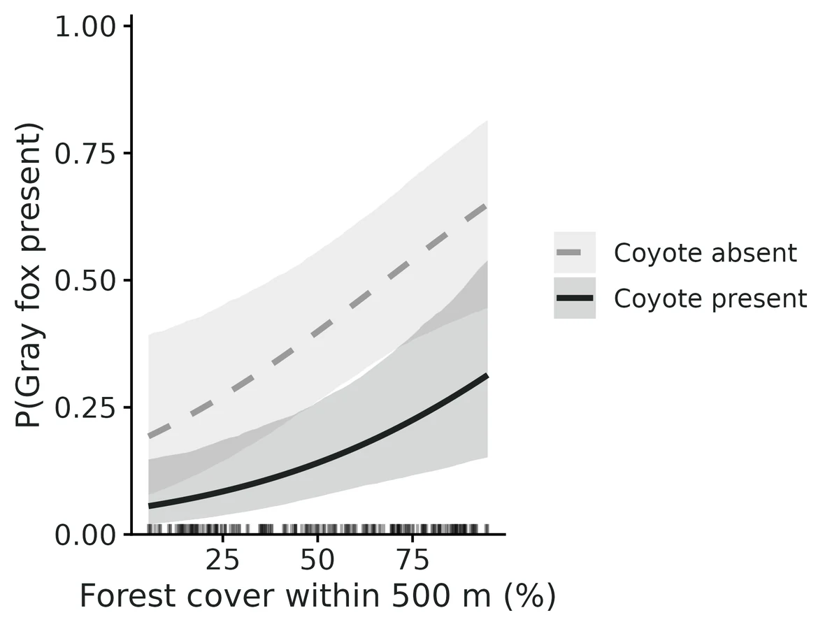 Figure: Probability that Gray fox occupies a site where Coyote is present vs absent, against Forest cover within 500 m (%) (other covariates held at Housing density (units per km²) = 39.4 (geometric mean, as the model uses its logarithm))…