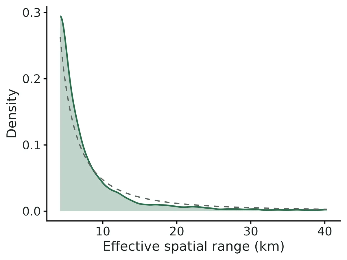 Figure: Posterior of the effective spatial range (distance at which residual correlation falls to 0.05; filled) and the exact prior density implied by the uniform prior on phi (dashed), both on the prior's support.