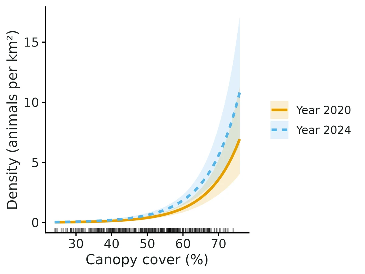 Figure: Expected density versus Canopy cover (%) in the first and last period (other covariates at their state-space mean), with 95% credible bands.