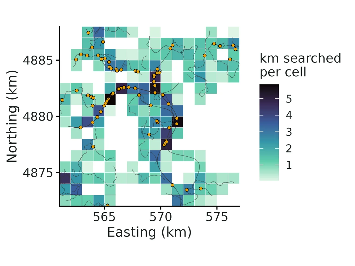 Figure: Search effort: length of search track (km) inside each 1000 m detector cell (fill), GPS tracks (grey lines) and genotyped samples (orange points; 81 samples of 22 individuals).