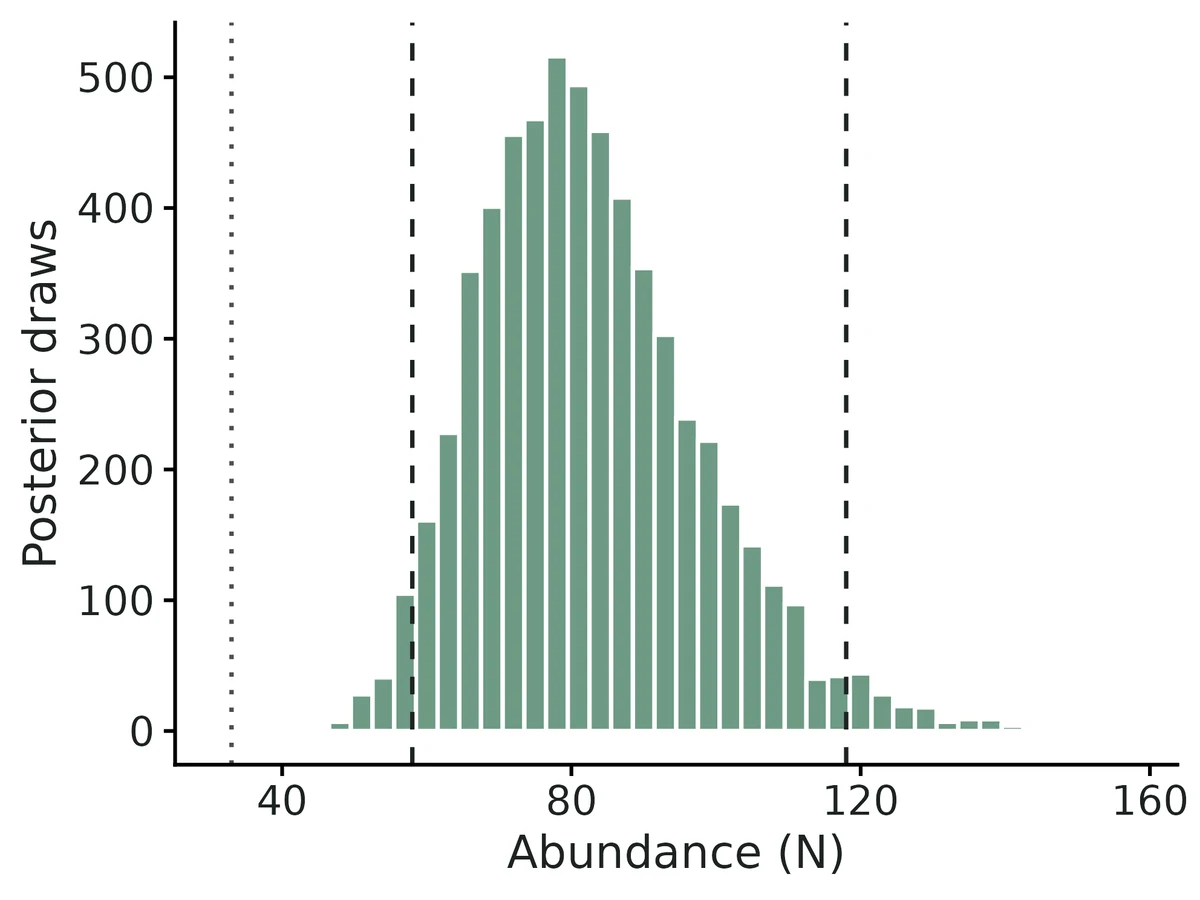Figure: Posterior distribution of the number of bobcats in the 350 km2 of habitat; dashed lines = 95% credible interval; dotted line = 33 bobcats detected.
