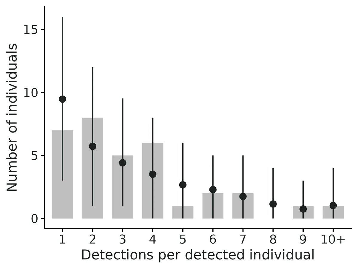 Figure: Observed number of bobcats detected 1, 2, ... times (bars) versus posterior predictive means and 95% intervals (points).