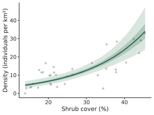 Figure: Expected mule deer density versus shrub cover from the hierarchical distance-sampling model (road distance at its mean), with 95% and 50% bands; points are rough per-transect densities.